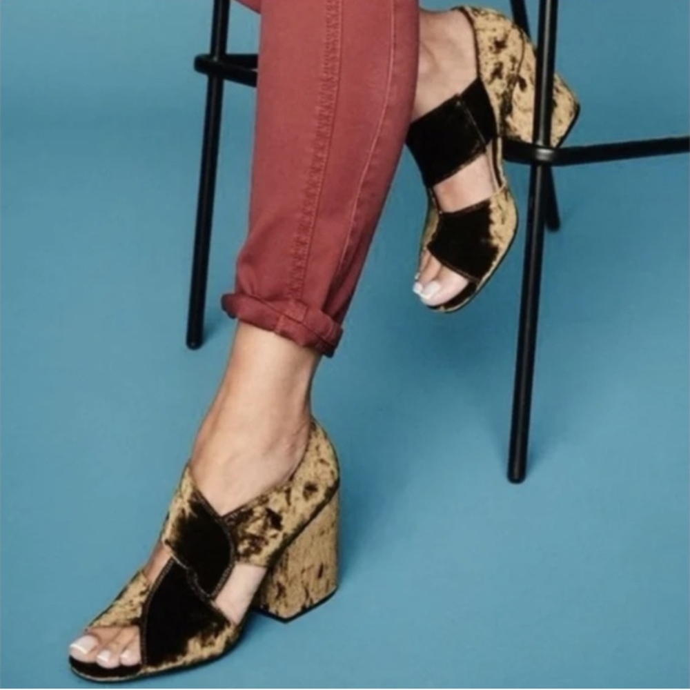 CAbi Interlock Moss Green Crushed Velvet Block Heels